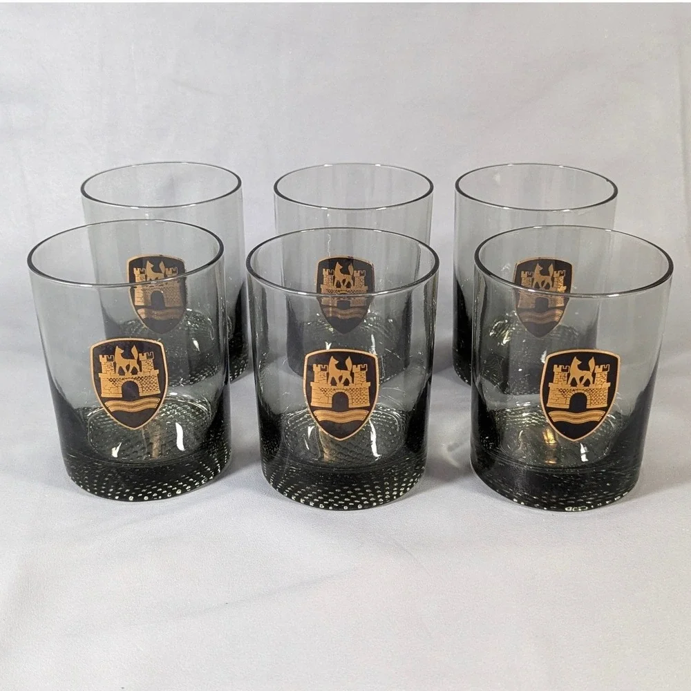 Vintage Smoky Gray Rocks Glasses Set of 6 Gold Heraldic Crest Hobnail Base 4in